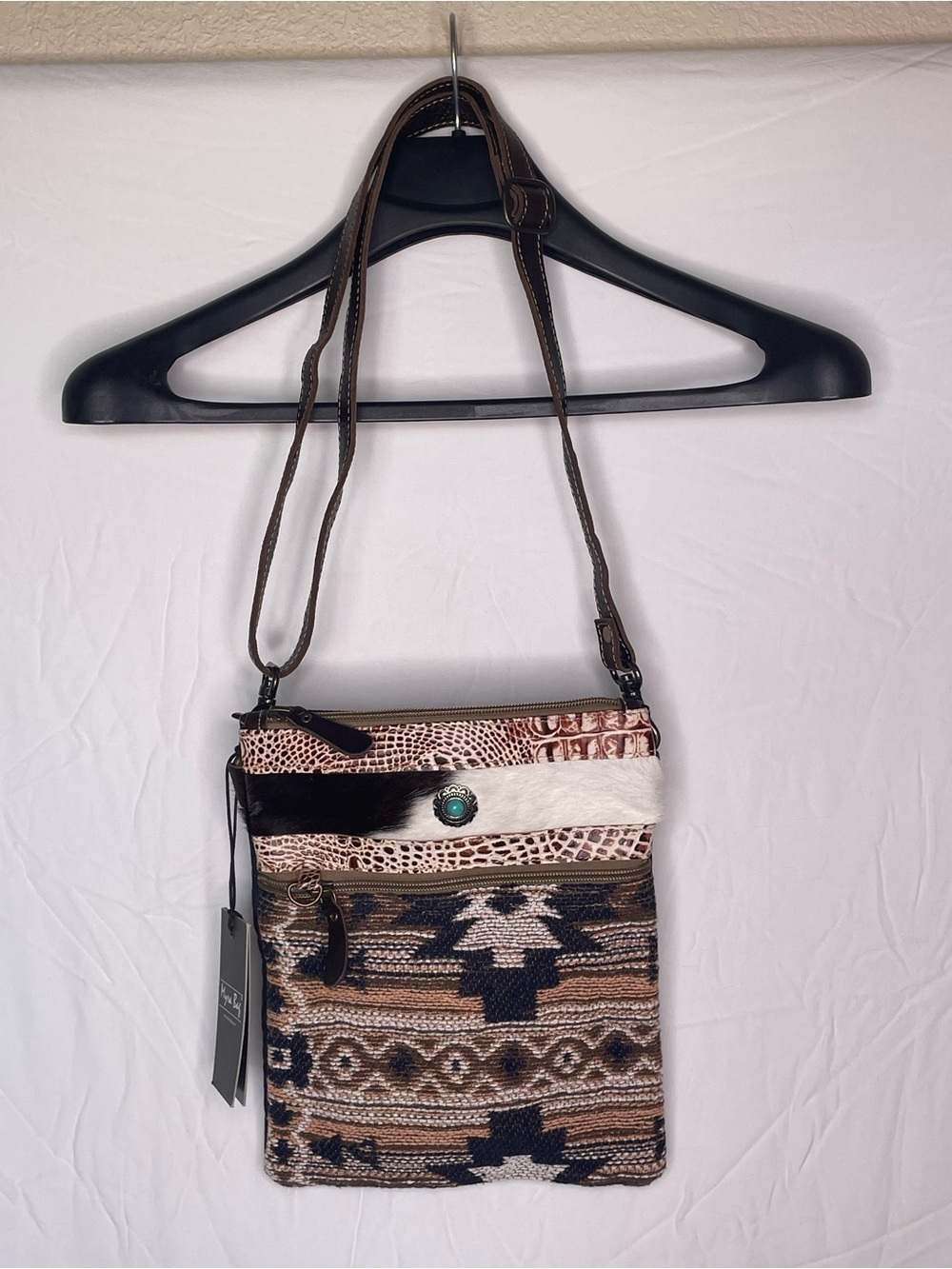 Myra Bag Brown Multi-Patterned Boho Satchel with Turquoise Accent